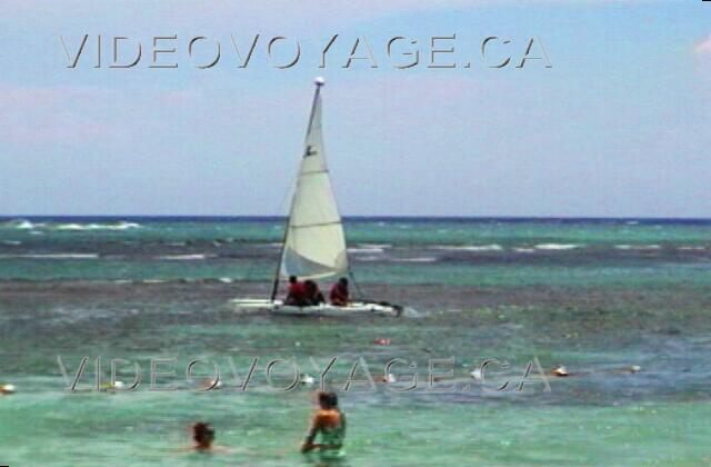 Republique Dominicaine Puerto Plata Grand Oasis Marien Tourists who practice sailing Beyond the swimmable area, a large amount of algae visible by dark colors.