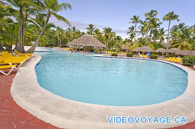 République Dominicaine Punta Cana Catalonia Bavaro Une piscine de moyenne dimension, divisé en plusieurs sections, de nombreuses chaises longues et palapas sur la grande terresse autours de la piscine.