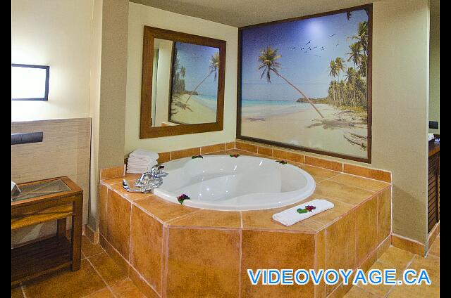 République Dominicaine Punta Cana Catalonia Bavaro Royal Le jacuzzi dans la chambre, une vitre avec une image de la plage sépare le jacuzzi de la douche.