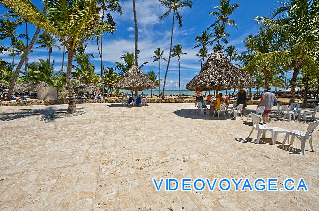 République Dominicaine Punta Cana Dreams Punta Cana Une grande terrasse extérieur avec des palapas, tables et chaises.