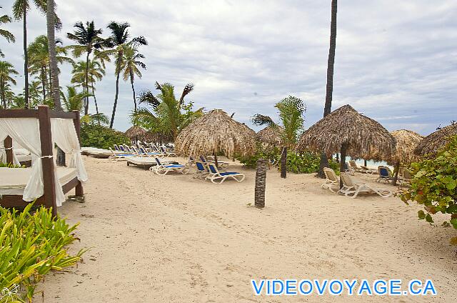 République Dominicaine Punta Cana Majestic Elegance Several chairs and palapas, some mattresses on the beach.