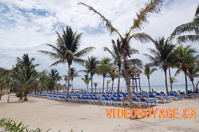 Mexique Puerto Juarez Maya Tropical Une grande quantité de chaises longues recouverte de tissus.  Mais il n'y a pas de parasol.  Un nombre insuffisant de palmier pour se protéger du soleil.