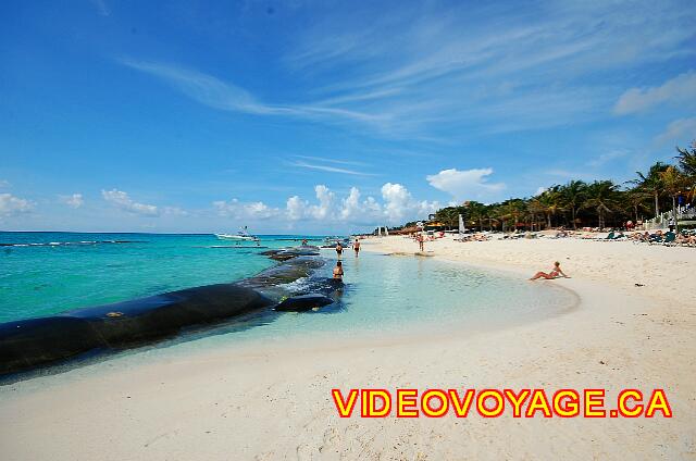 Mexique Playa del Carmen Riu Yucatan Une première rangé de sacs, un peu plus loins dans la mer il y a  une autre rangé de sacs.  Les clients se baignent entre les deux rangés de sacs.