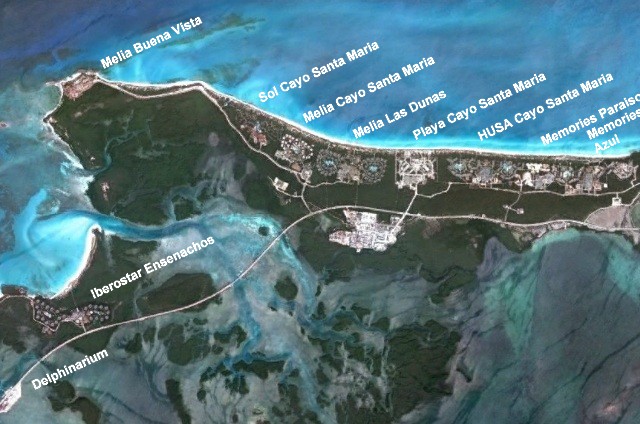 Cuba Cayo Santa Maria Playa Cayo Santa Maria An aerial view of Cayo Santa Maria and the position of the various hotels.