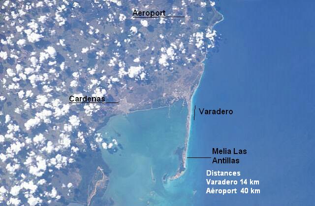 Cuba Varadero Melia Las Antillas Varadero, Cárdenas, el aeropuerto y el hotel en la misma tarjeta.